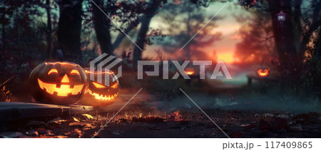 Glowing Jack-o'-Lanterns in Forest at Sunset 117409865