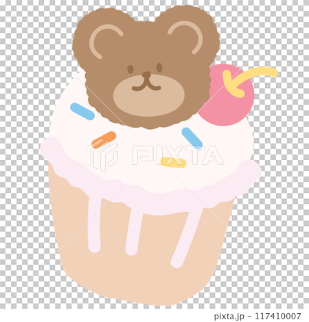 Vanilla cupcake with teddy bear, cherry for sweet dessert, cafe, restaurant, menu, recipe, baking, sticker, cartoon character, mascot, comic, plush toy, doll, brunch, birthday party, card, ads, print	 117410007