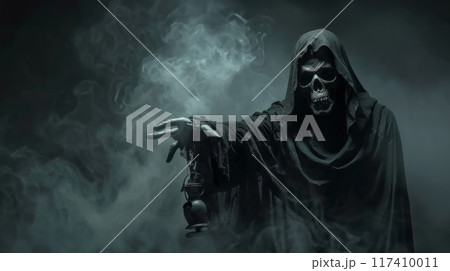 Hooded Grim Reaper with Candle in Smoky Darkness 117410011