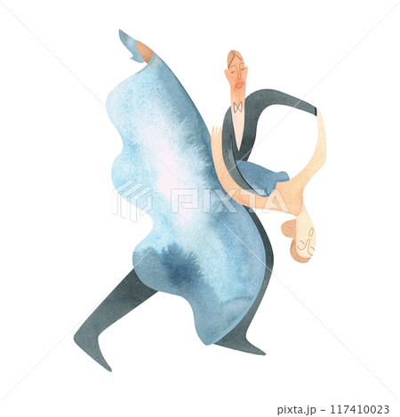 Couple dancing English waltz or foxtrot. Sport ballroom dancing, st. Isolated watercolor illustration. 117410023