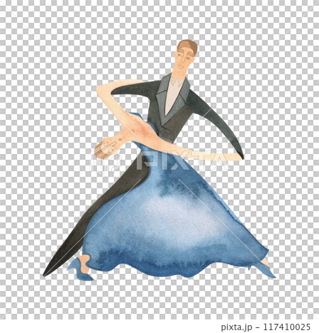 Couple dancing English waltz or foxtrot. Sport ballroom dancing, st. Isolated watercolor illustration. 117410025