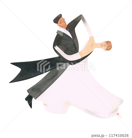 Couple dancing English waltz or foxtrot. Sport ballroom dancing, st. Isolated watercolor illustration. Couple dancing English waltz or foxtrot. Sport ballroom dancing, st. Isolated watercolor illustration. 117410026