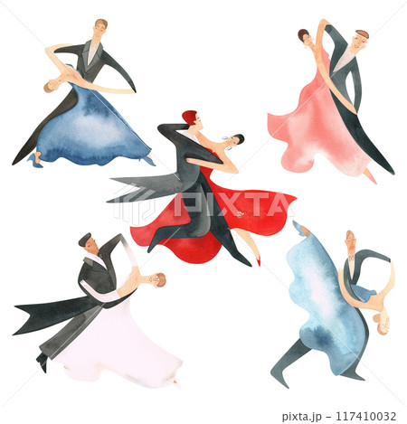 Ballroom dancing, standard. Adult couples on the parquet. Isolated watercolor illustration. Composition for a postcard, poster for competitions, performances, shows, balls, parties. Ballroom dancing, standard. Adult couples on the parquet. Isolated watercolor illustration. Composition for a postcard, poster for competitions, performances, shows, balls, parties. 117410032