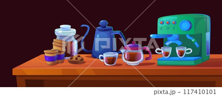 Barista coffee making setup on wooden table 117410101