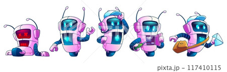 Ai robot with hands on wheel in different poses. 117410115