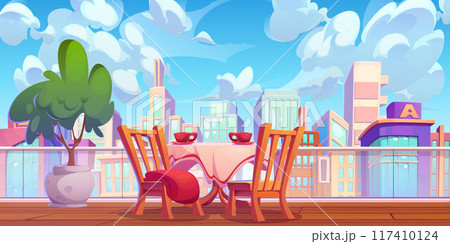 Cafe table and chairs on rooftop terrace 117410124