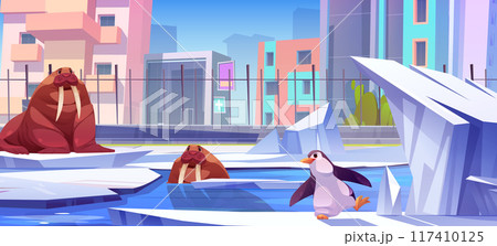 City zoo park enclosure with northern animals. 117410125