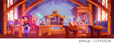 Magic school classroom interior with little witch 117410126