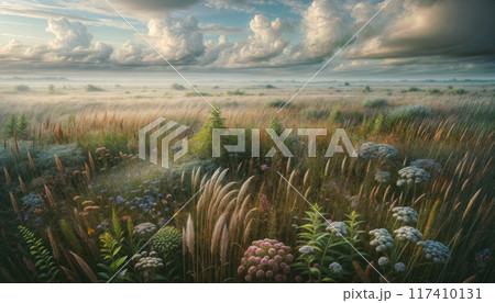 open field within a rewilded agricultural area, showcasing a variety of native grasses and flowers  117410131