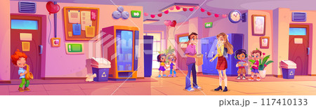 Children in school hallway on Valentine Day 117410133