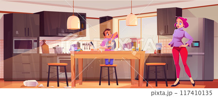 Boy cooking in messy kitchen 117410135