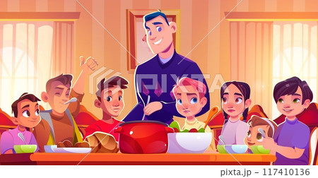 Father serving dinner for kids at home 117410136