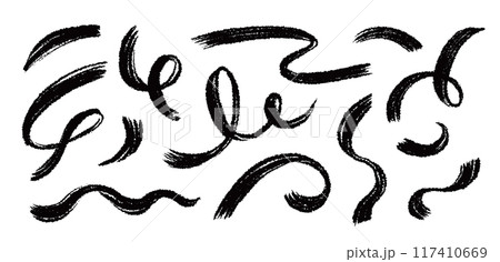 Brush line stroke squiggly paint set. Hand drawn doodle swirl wave brush curly charcoal stroke. Line squiggly paint curly hand drawn ink calligraphy elements. Vector 117410669