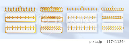 Gold notebook spirals 3d render set. Isolated golden wire steel ring binding and spring for calendar, notepad, album, document cover, metal or plastic coil on diary paper page mockup. 3D illustration Gold notebook spirals 3d render set. Isolated golden wire steel ring binding and spring for calendar, notepad, album, document cover, metal or plastic coil on diary paper page mockup. 3D illustration 117411264