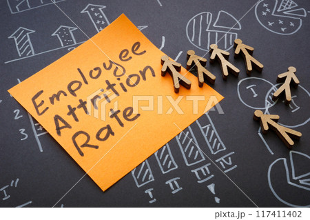 Diagrams with the text employee attrition rate and figures. Workforce analysis and turnover metrics. 117411402