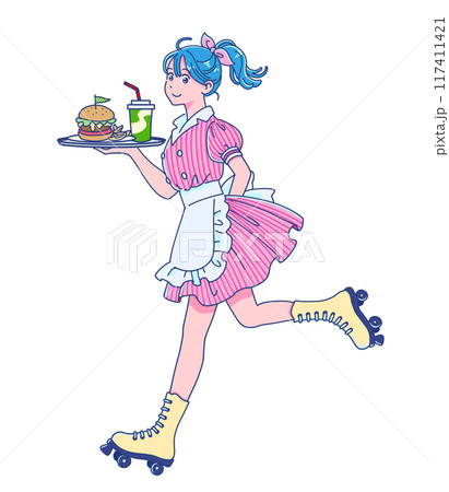 ローラースケートを履いて食べ物を運ぶウェイトレス 117411421