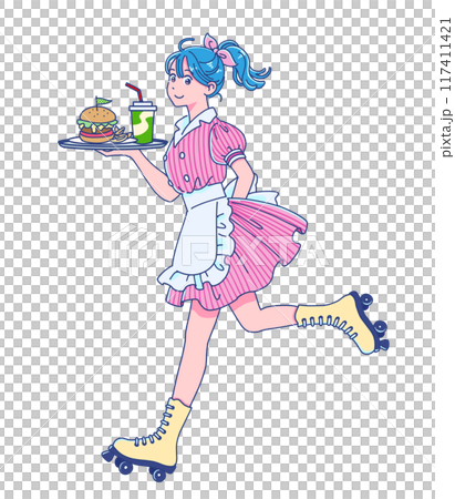 ローラースケートを履いて食べ物を運ぶウェイトレス 117411421