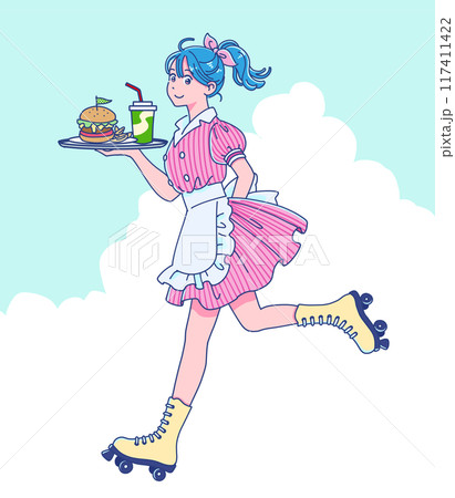 ローラースケートを履いて食べ物を運ぶウェイトレス 117411422