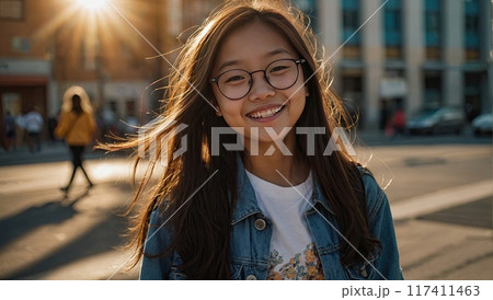 Portrait of a happy Asian schoolgirl teenager with glasses On the street of the city in the sunlight. Back to school, correction of pupil eyesight. AI generated 117411463