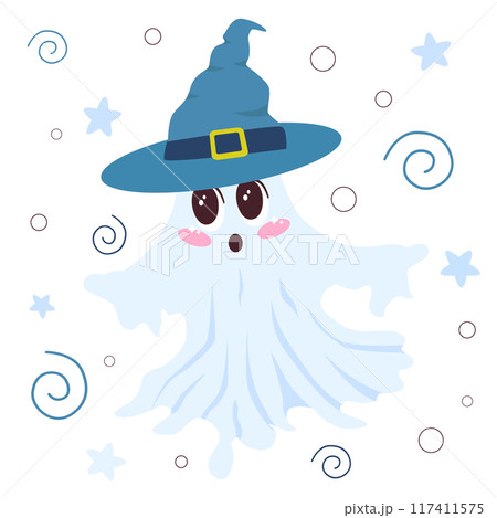 Cute ghost with big eyes kawaii and a witch hat, perfect for Halloween designs. Ideal for decorating invitations, creating Halloween-themed patterns, and adding a playful touch to seasonal projects. 117411575