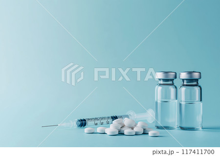 医療・研究コンセプト バイアルと注射器 医療・研究コンセプト バイアルと注射器 117411700
