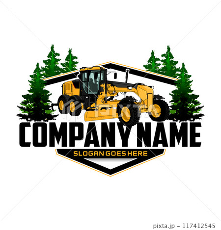 Motor grader road heavy equipment vehicle logo on white background 117412545