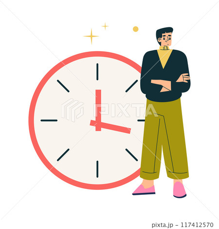Multitasking Man Character Stand at Clock Dial Vector Illustration Multitasking Man Character Stand at Clock Dial Vector Illustration 117412570