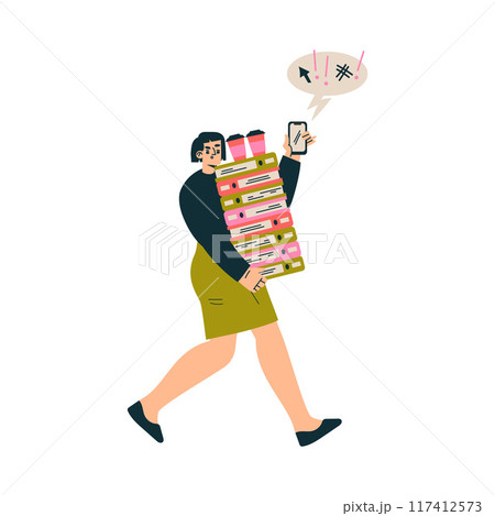 Multitasking Woman Character Doing Multiple Task Carry Pile of Folder with Coffee Vector Illustration 117412573