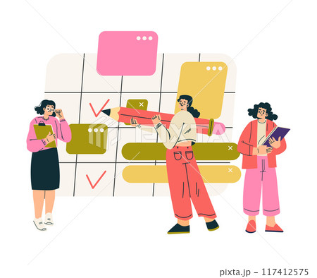 Multitasking Woman Character Doing Multiple Task Tick on Calendar Vector Illustration Multitasking Woman Character Doing Multiple Task Tick on Calendar Vector Illustration 117412575