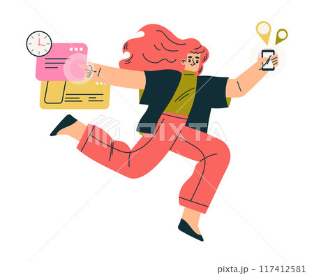Multitasking Woman Character Doing Multiple Task on Smartphone App Vector Illustration 117412581