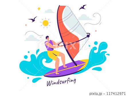 Vector Illustration of Windsurfing with a Person Standing on a Sailing Boat, Holding the Sail, in an Extreme Water Sport in Flat Cartoon Background 117412971