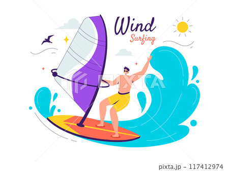 Vector Illustration of Windsurfing with a Person Standing on a Sailing Boat, Holding the Sail, in an Extreme Water Sport in Flat Cartoon Background Vector Illustration of Windsurfing with a Person Standing on a Sailing Boat, Holding the Sail, in an Extreme Water Sport in Flat Cartoon Background 117412974