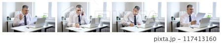 Man working in the office. Businessman at work. Set of images on the theme of office work. Man working in the office. Businessman at work. Set of images on the theme of office work. 117413160