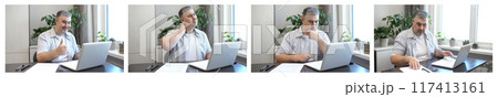 Man working on computer. Set of images. Office or remote work, freelance. Man working on computer. Set of images. Office or remote work, freelance. 117413161