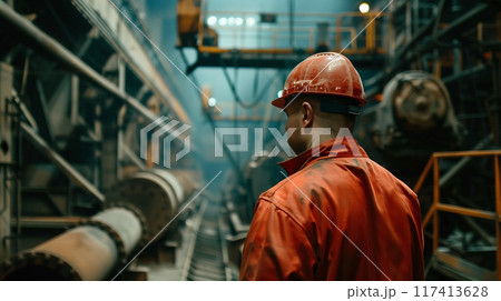 A labor is working hard at a factory. Labor wears an orange construction worker clothes. AI generated. 117413628