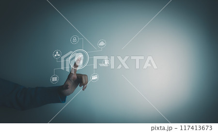 Fingerprint scanner to access information, verify to authentication, touching screen to login security, Internet of things, cloud computing, Internet connection, shopping online and cashless society Fingerprint scanner to access information, verify to authentication, touching screen to login security, Internet of things, cloud computing, Internet connection, shopping online and cashless society 117413673