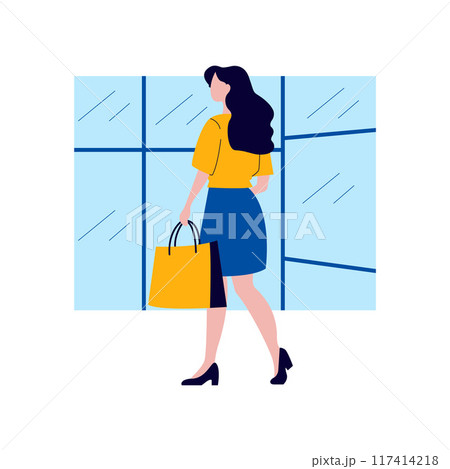 Flat Design Illustration of Beautiful Woman Holding Shopping Paper Bag in Store Flat Design Illustration of Beautiful Woman Holding Shopping Paper Bag in Store 117414218