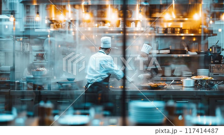 Blurred kitchen restaurant with people working behind glass wall, Chef and sous chef , generated AI 117414487