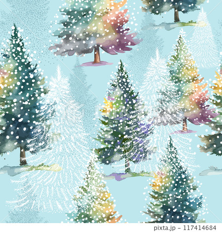 Christmas. Winter background. Winter Forest background. Pine, spruce, watercolor christmas tree. Snowy graphic trees seamless pattern panorama view. hand drawing. Not AI, Vector illustrations. 117414684