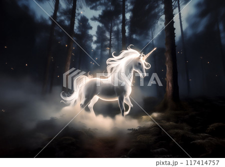 幻想的に光る煙に包まれた森の中のユニコーン 117414757