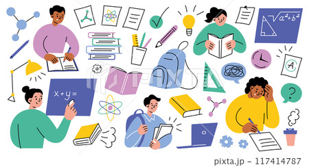 School and education vector illustrations set in playful, cartoon style. Students studying, reading books, stationery doodles, math science symbols collection. Educational content, learning materials 117414787