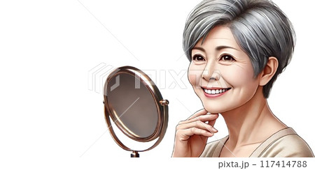 鏡を見て微笑む女性 117414788