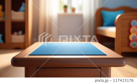 Cozy nursery room with wooden furniture and a table with a blue mat. 117415176