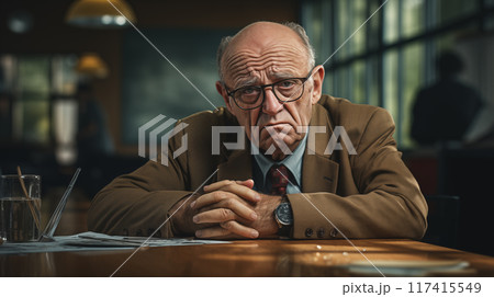 Elderly gentleman with a thoughtful expression sitting at a table, papers scattered in front of him 117415549