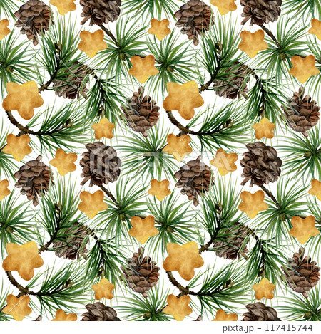 Pine, fir tree, spruce branches cones, gold star baubles. Watercolor hand drawn illustration, seamless pattern isolated on white. Xmas, happy new year festive, noel navidad holiday. Paper, textile 117415744
