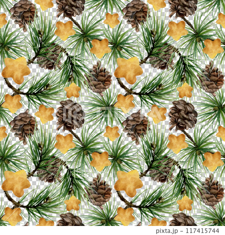 Pine, fir tree, spruce branches cones, gold star baubles. Watercolor hand drawn illustration, seamless pattern isolated on white. Xmas, happy new year festive, noel navidad holiday. Paper, textile 117415744