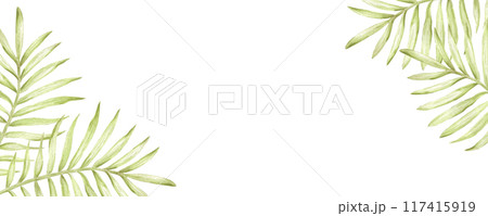 Hand drawn watercolor green palm tree leaves banner frame border isolated on white background. Can be used for business card, invitation, scrapbook and other printed products. Hand drawn watercolor green palm tree leaves banner frame border isolated on white background. Can be used for business card, invitation, scrapbook and other printed products. 117415919