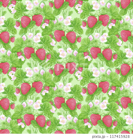 Hand drawn watercolor ripe strawberry bush with green leaves and blossom seamless pattern isolated on green background. Can be used for textile, fabric and other printed products. 117415928