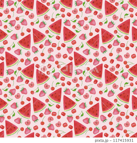 Hand drawn watercolor ripe berries and watermelon seamless pattern isolated on pink background. Can be used for textile, fabric and other printed products. 117415931