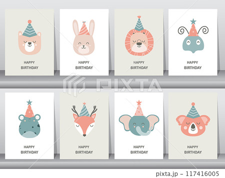 Set of children's birthday greeting cards .Cute animals design.poster,template,greeting cards,Vector illustrations. 117416005